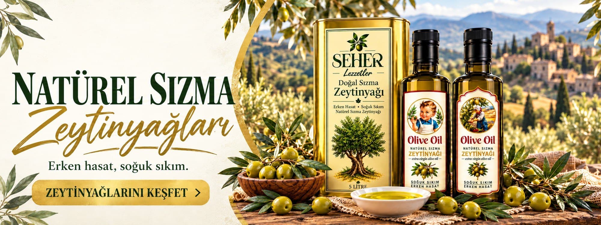 Natürel sızma zeytinyağları. Erken hasat, soğuk sıkım. Zeytinyağlarını keşfet.